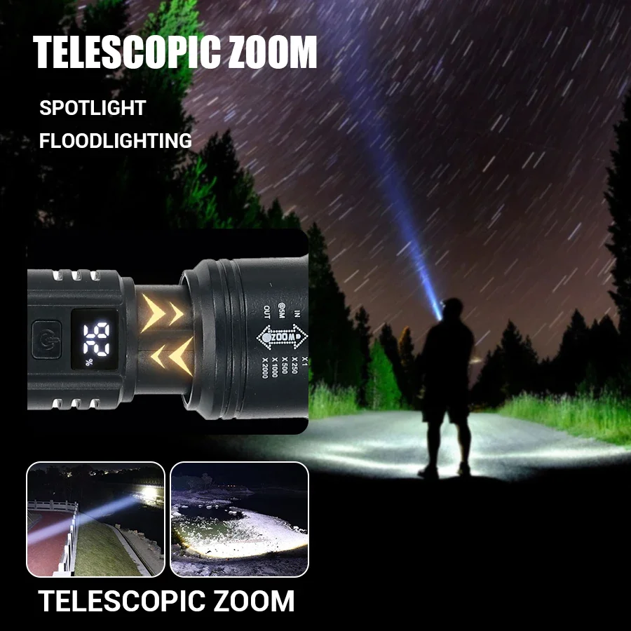 Linternas Led de alta potencia y fuerte, linterna táctica de 2000LM con luz de pantalla, carga USB, Camping, pesca, linterna con Zoom de emergencia
