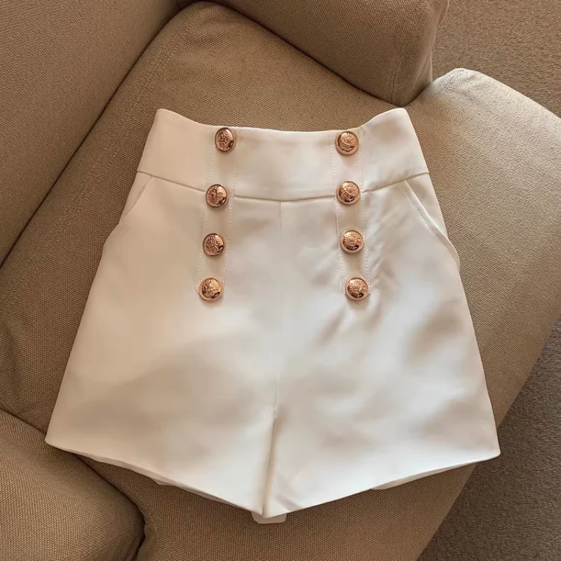 Pantalones Cortos negros para Mujer, traje De doble botonadura, pierna ancha, prendas De vestir salvajes informales calientes, nuevos
