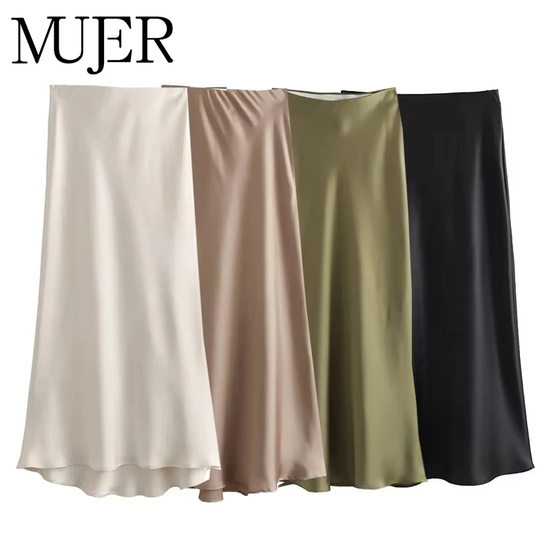 MUJER mujer 2025 falda de satén faldas largas de cintura alta para mujer falda Midi negra de verano para mujer faldas elegantes de oficina para mujer