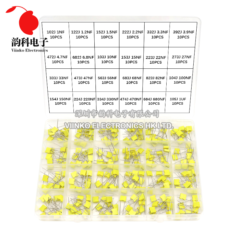 240Pcs Correction Capacitor Assorted Kit 24Values x 10Pcs 100V 102J-105J Polypropylene Safety Plastic Film Capacitors Set