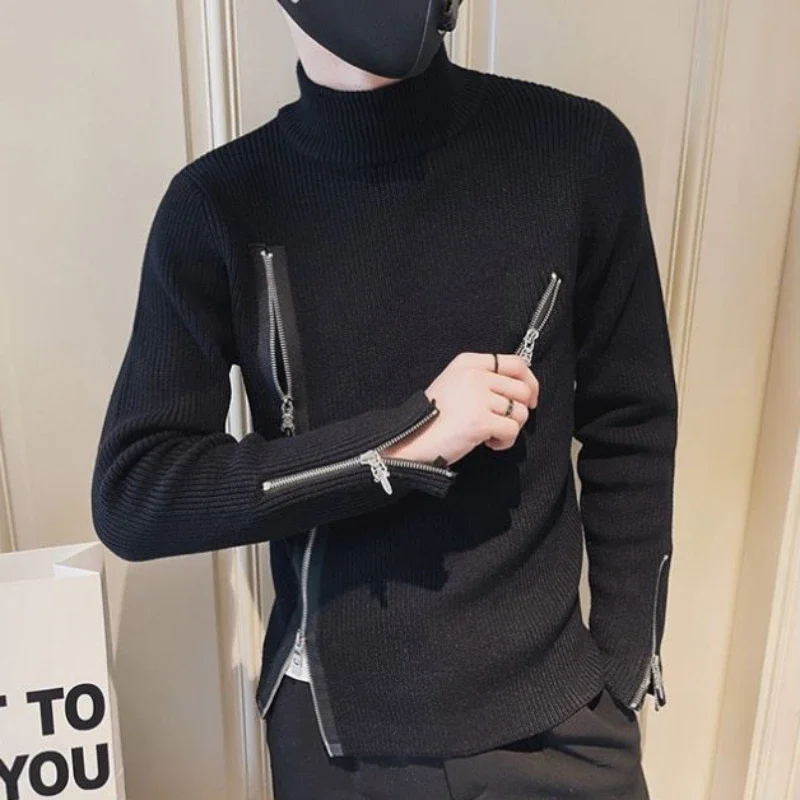 Motorrad Herrenbekleidung Rollkragenpullover Reißverschluss Strickpullover Männlich Hoher Kragen Reißverschluss Schwarzer Ausschnitt Y2k Streetwear A Beheizt X