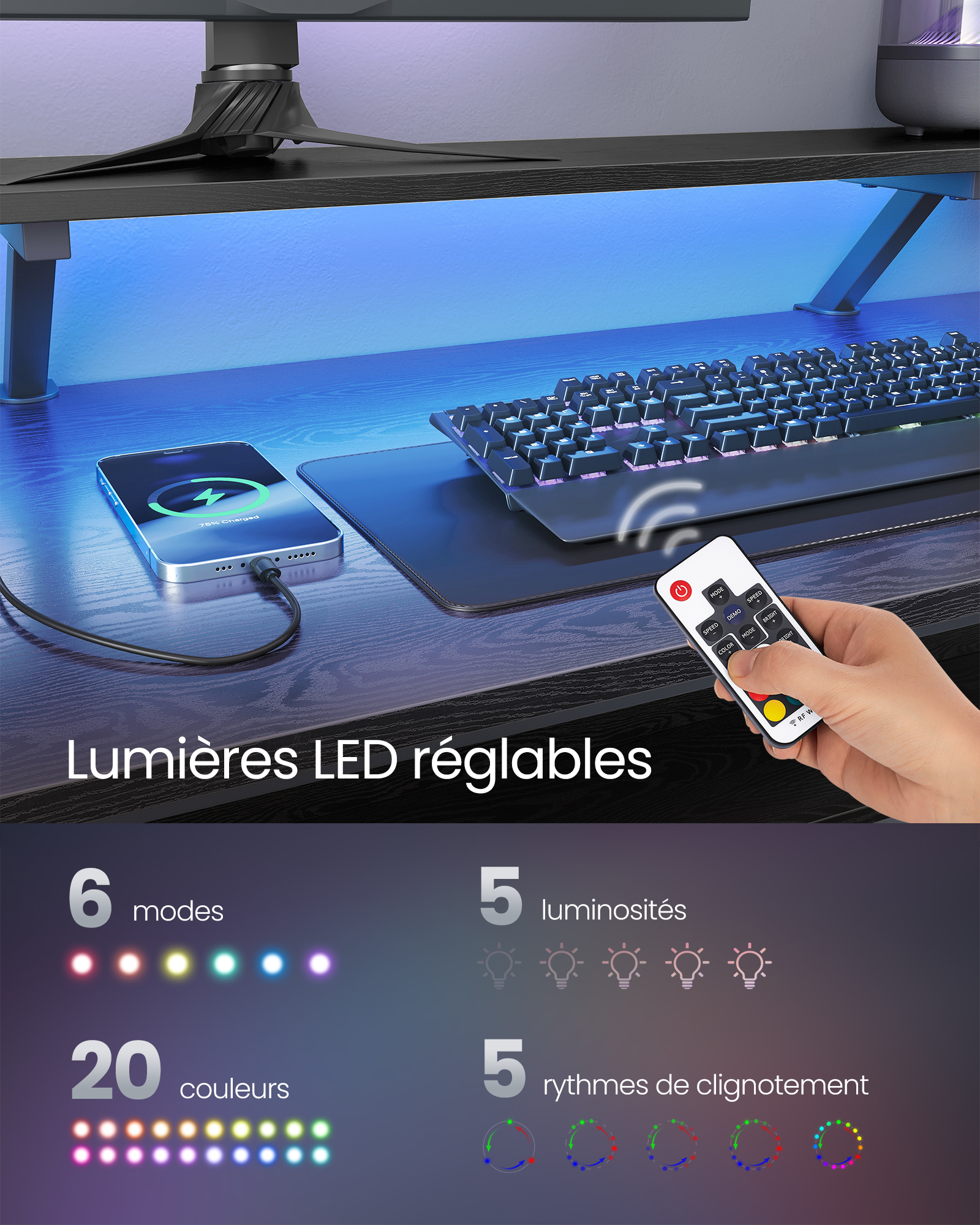 VASAGLE Bureau en L avec Multiprise, Bureau d’Angle, Bureau Informatique avec Rehausseur d’Écran, Bureau Gaming LED, 2 Tiroirs, 2 Ports USB, Facile à Monter, pour Bureau