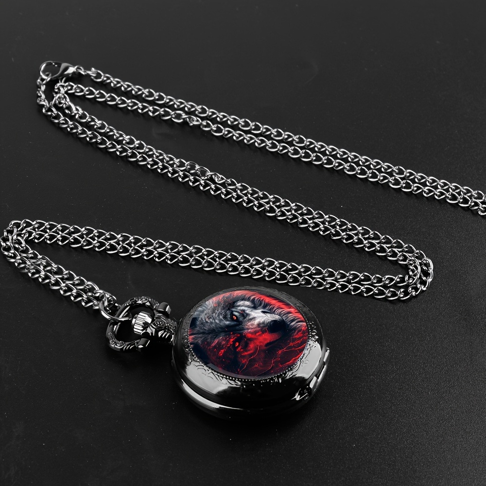 Unique Wolf Animal Pattern Quartz Pocket Watch with Black Necklace Pendant World-Time Feature, Analog Display For Women Men Kids