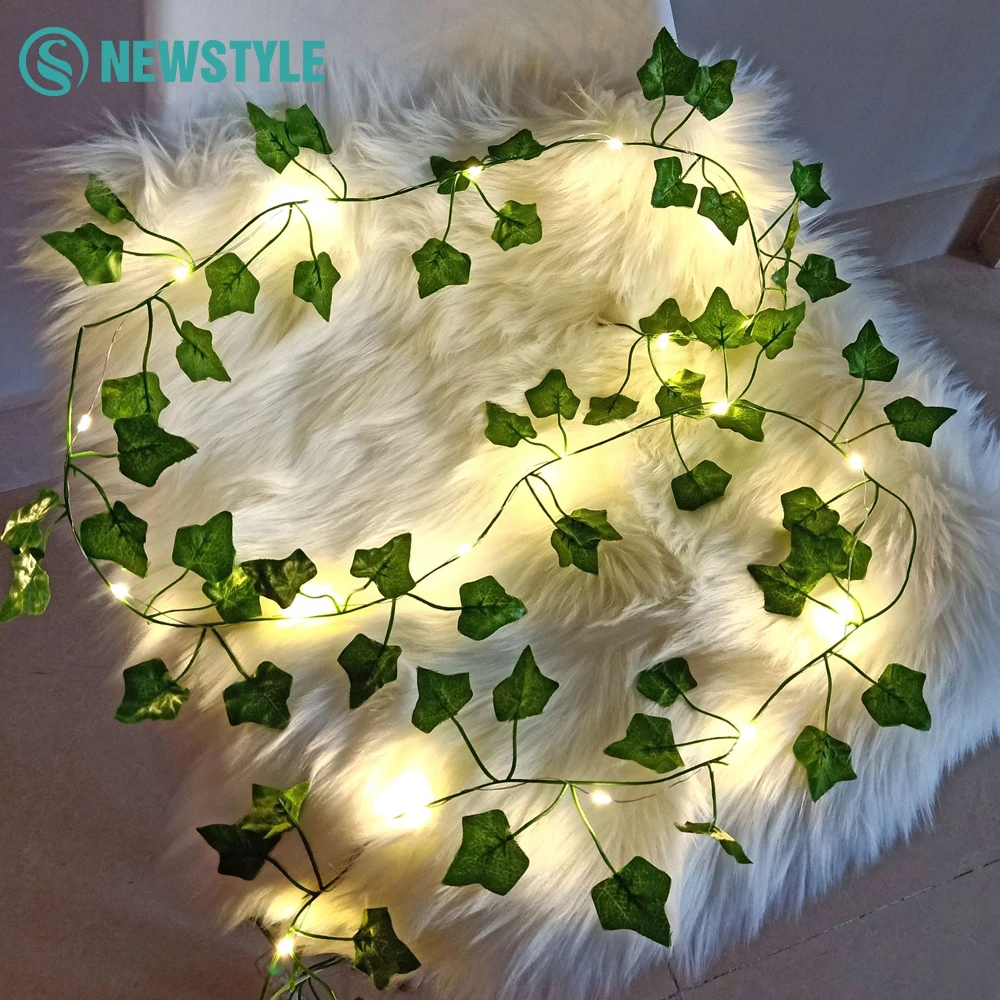 2 Meter 20 LED-Efeu-Glühbirnen, Lichterkette, künstliches grünes Blatt, batteriebetrieben, Weihnachtsbaum-Girlandenlichter für Jäten, Heimdekoration