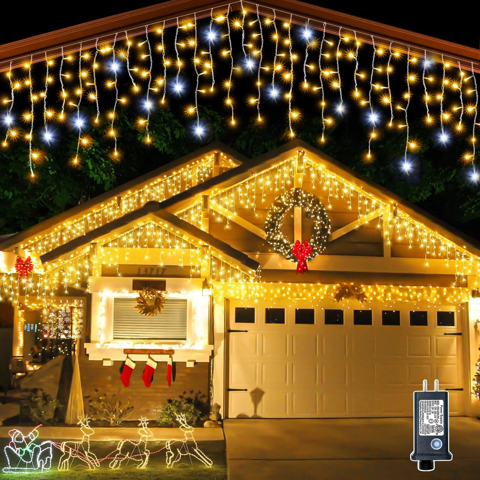 Christmas Decorations 2025 Street Garland On The House Outdoor Festoon Led Icicle Curtain Lights 4M(W)*0.6M(H) White Flash Fairy