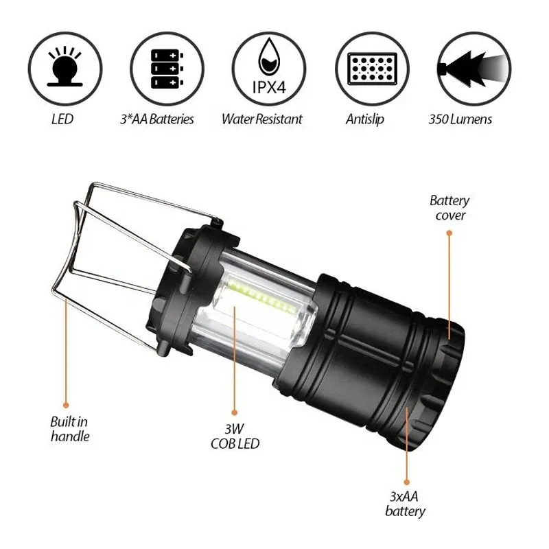Linterna LED COB 2 en 1 para acampar, linterna portátil, linterna plegable resistente a impactos para senderismo, linterna impermeable para acampar