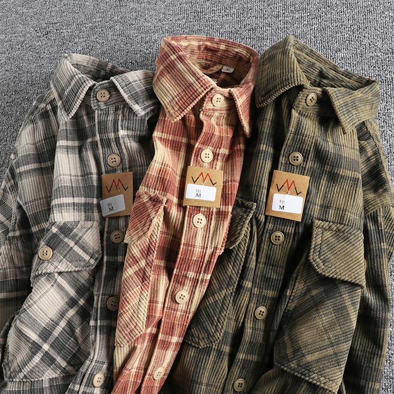 May Khaki retro primavera y otoño estilo marea camisa de manga larga para hombres pana lavada cómodo abrigo de marea que combina con todo diario