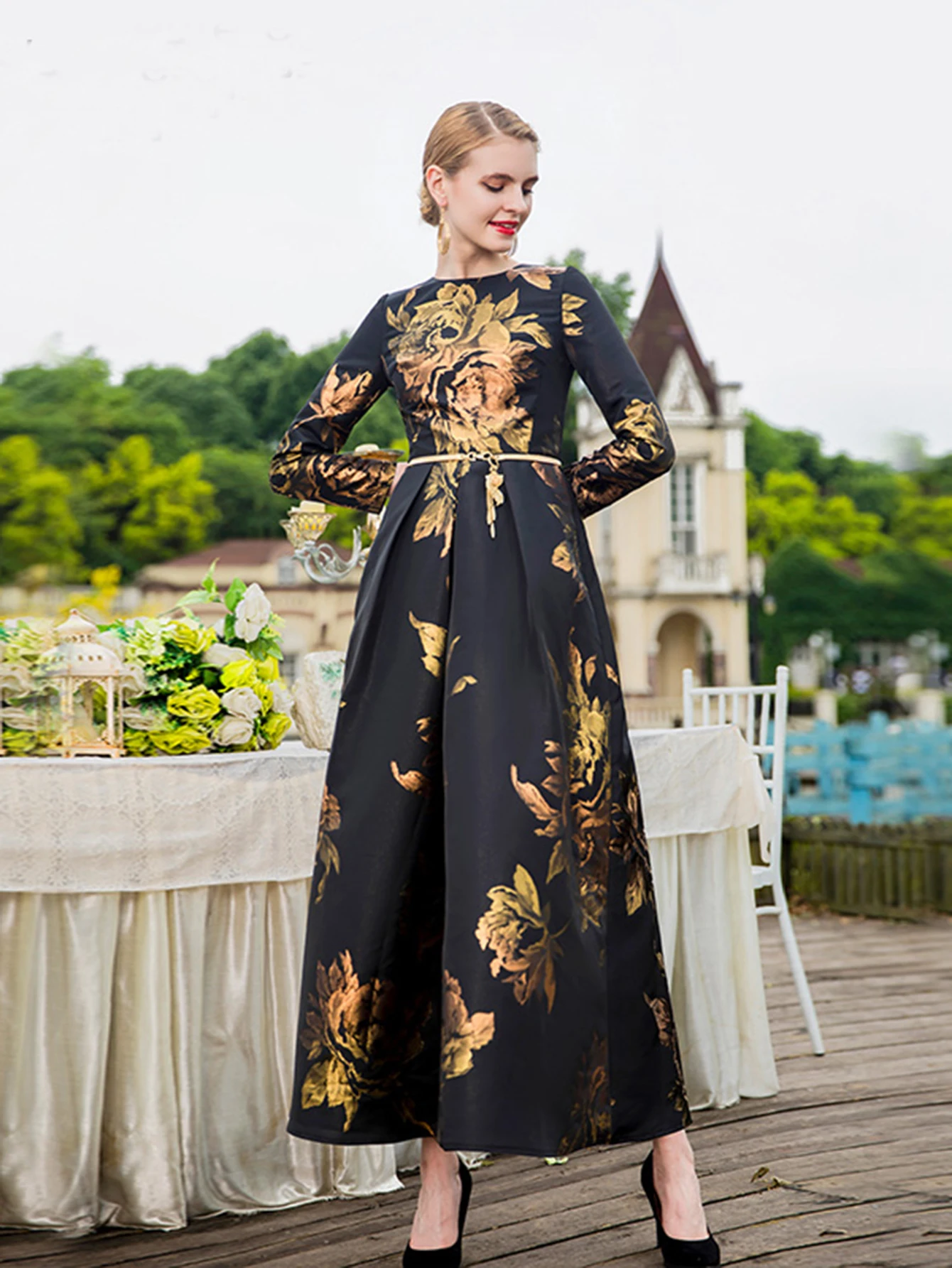 Elegante weibliche lange Maxi Jacquard Kleid hübsche Kleider Frauen Abend Blumen Vintage Ladis Party Herbst Winterkleid ung