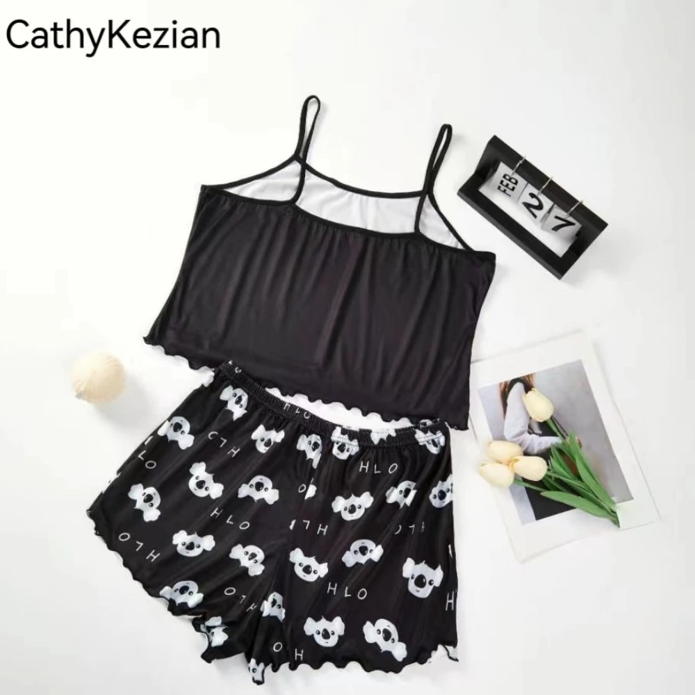 Pijamas femininos pijamas conjunto esportivo camisola e shorts impressão ventilar casual macio e confortável