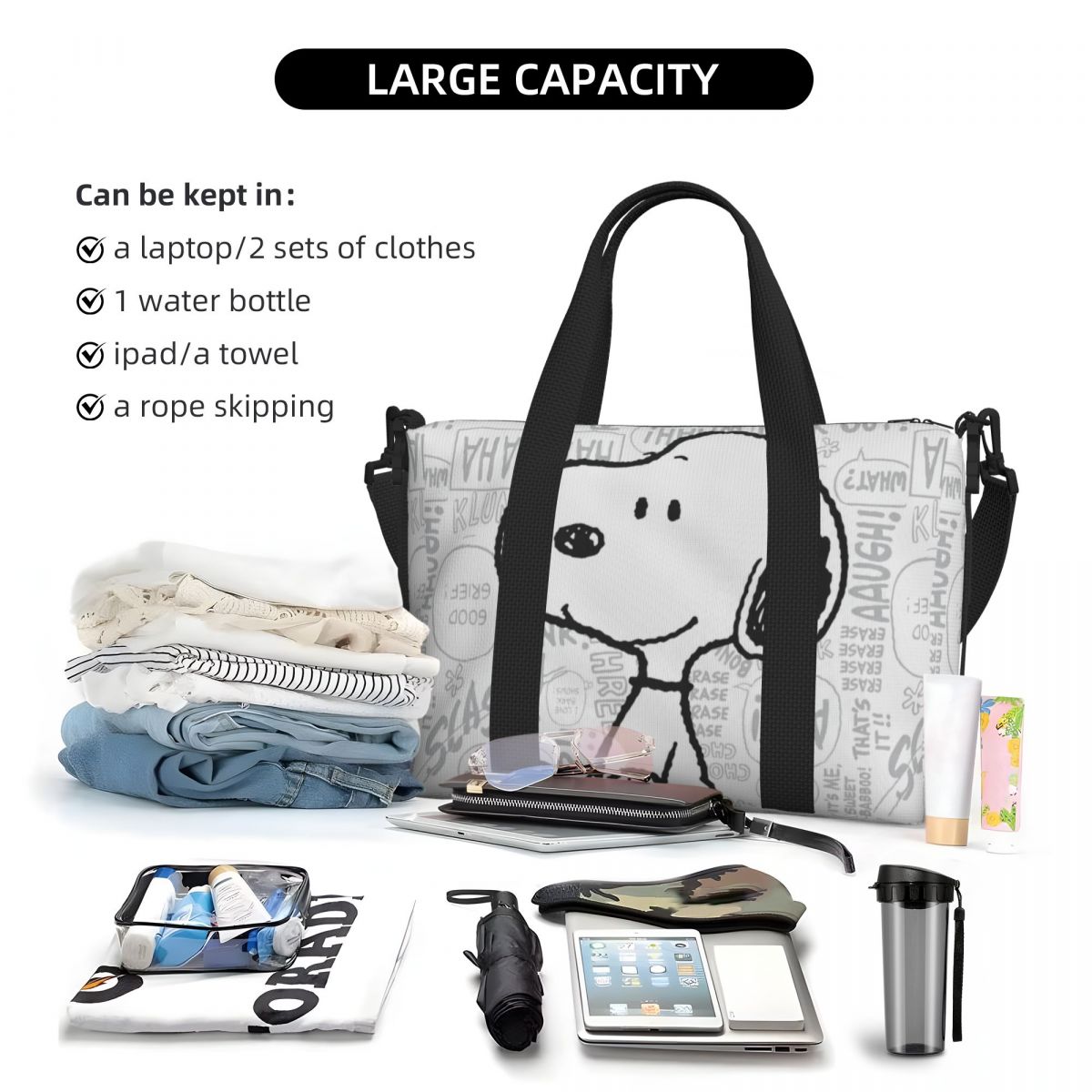 Benutzerdefinierte Snoopys On Black White Comics Disney Groceries Tote Einkaufstasche Damen Große Kapazität Peanuts Gym Beach Reisetaschen