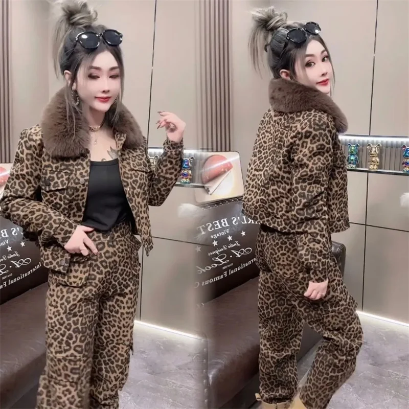 Setelan pakaian wanita kerah bulu longgar, set jaket celana panjang, pakaian wanita kerah bulu longgar, setelan dua potong, motif macan tutul, mantel musim gugur, musim dingin, baru, 2025