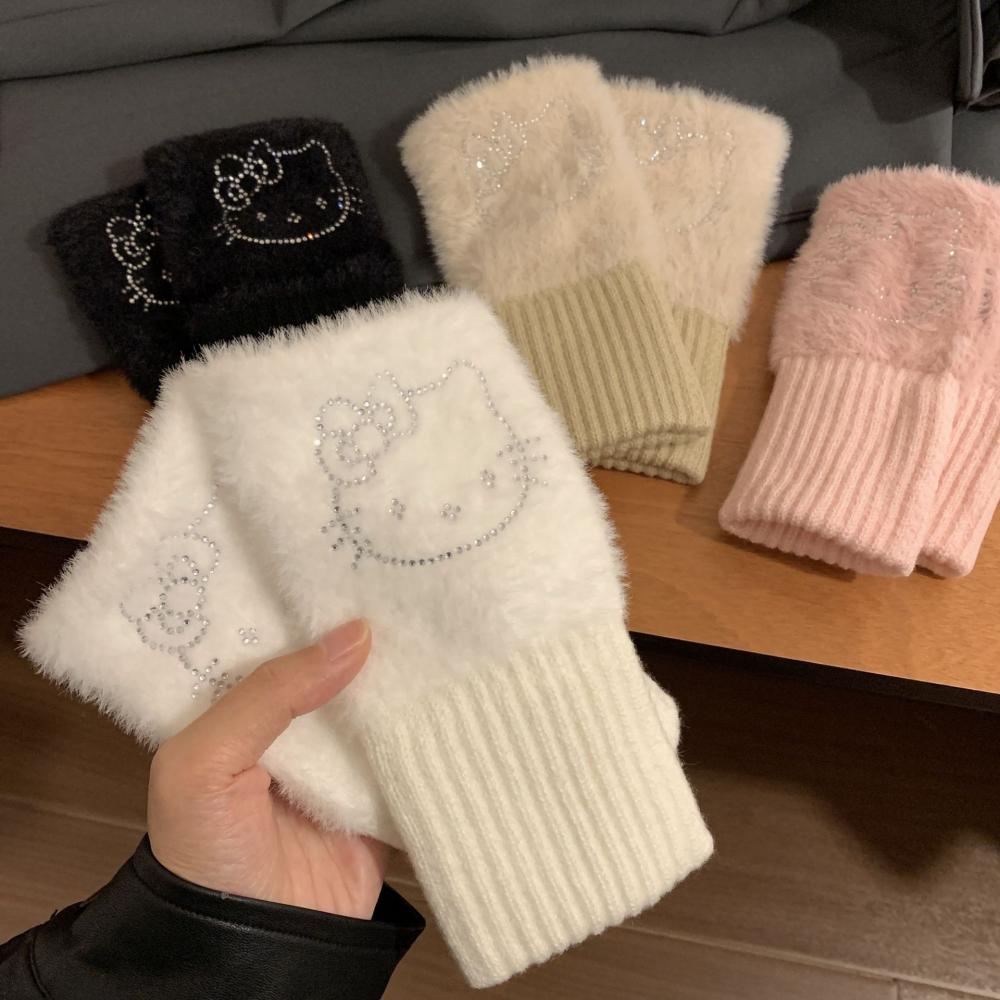 Kt Anime Sanrios süße Hello Kitty Plüsch Halbfingerhandschuhe Cartoon Kawaii Fliege weich verdicken warmer Schutz vor kalten Studenten