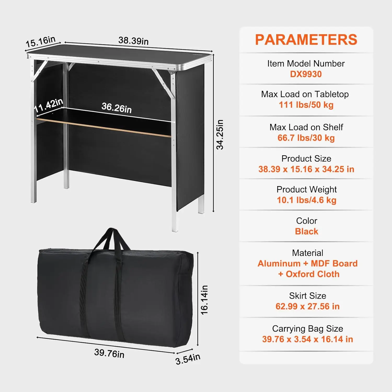 Folding Portable Bar Table, Tradeshow Podium Table, Includes Carrying Case, Storage Shelf and Black Skirt