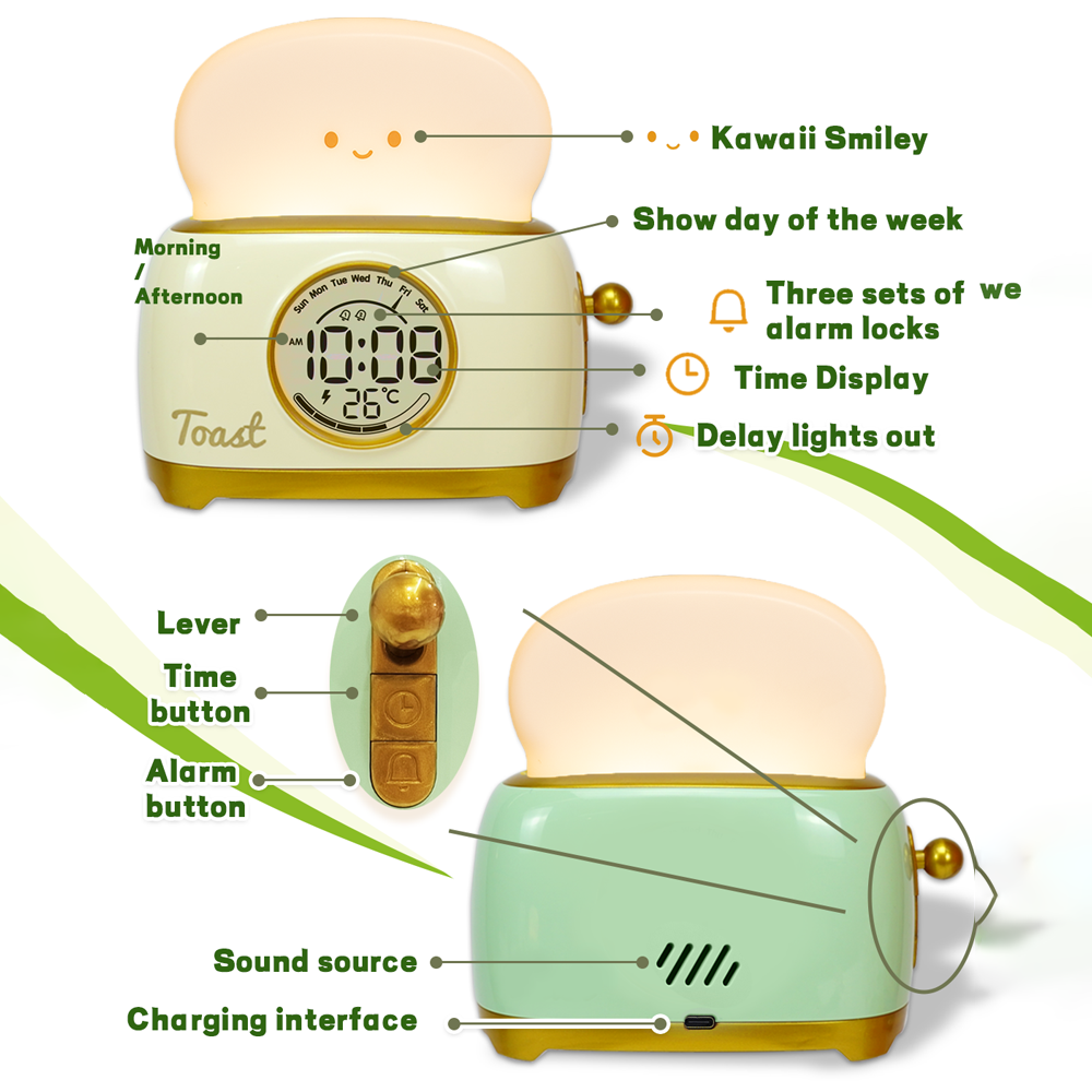 Kid Alarm Clock LED Night Light Digital Clock Children's Sleep Trainier For Home Bedroom Bedside Cute Temperature Display Reloj