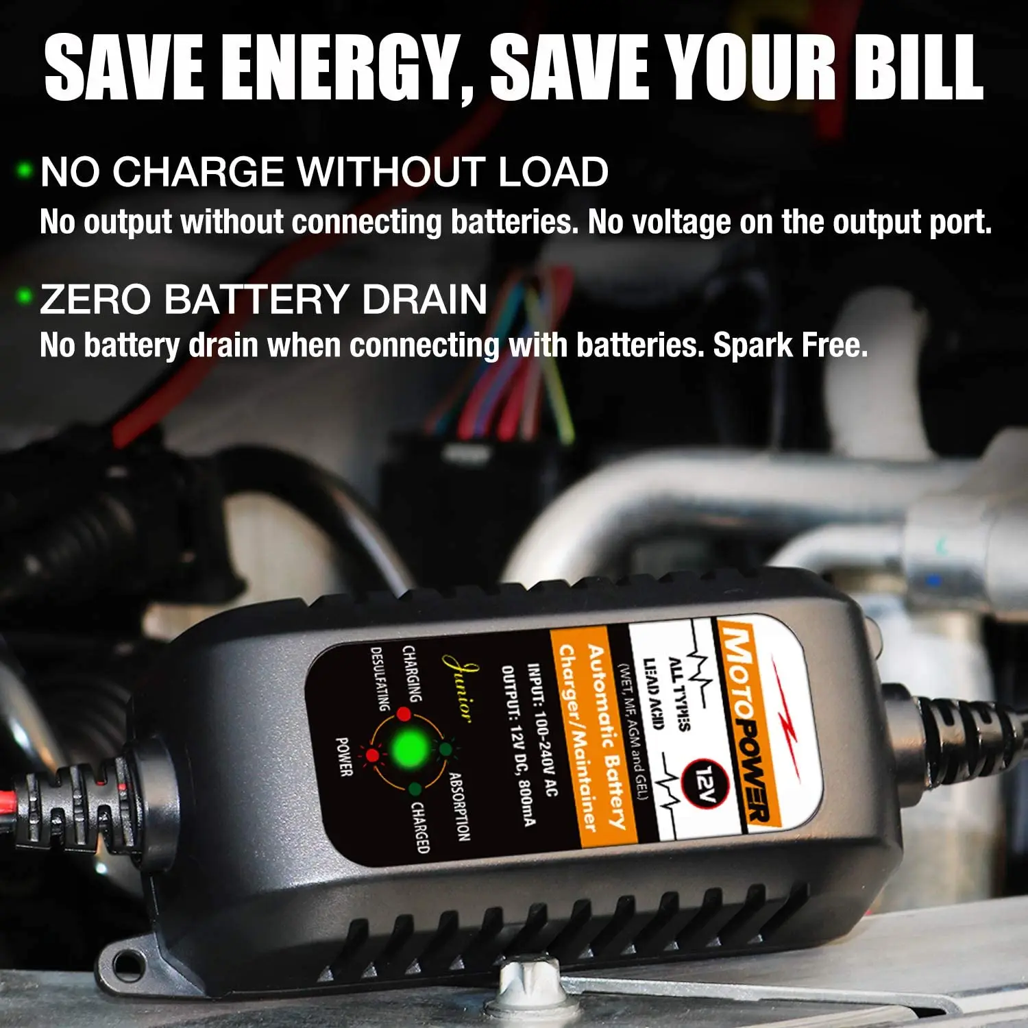 Motopower-carregador de bateria inteligente, 12v 800ma, para carro e moto