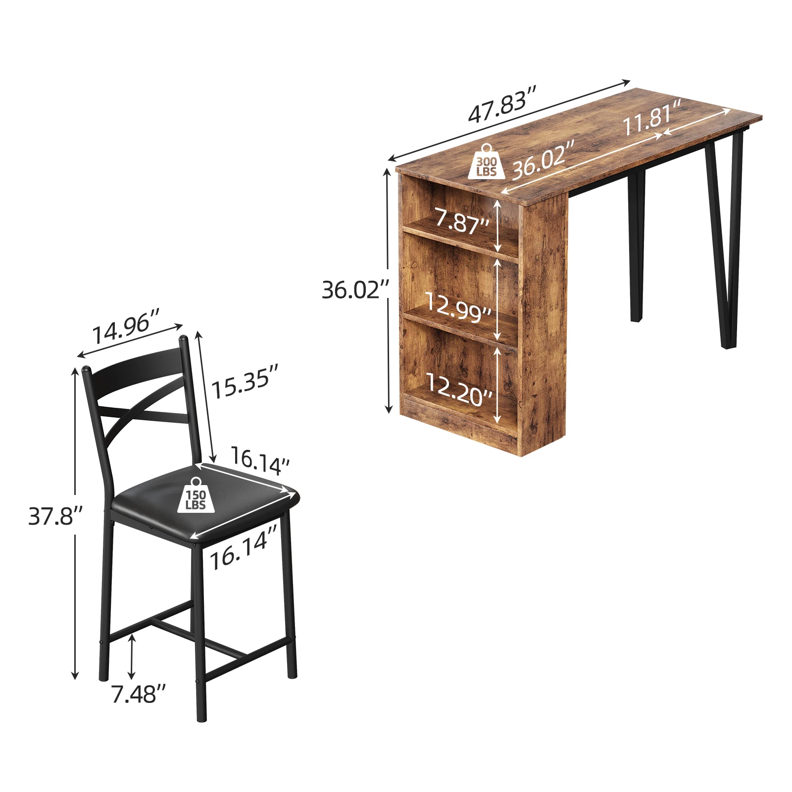 Mesa e cadeiras de bar de cozinha Conjunto de mesa de cozinha de 3 peças com 2 cadeiras estofadas com prateleiras de armazenamento para sala de jantar
