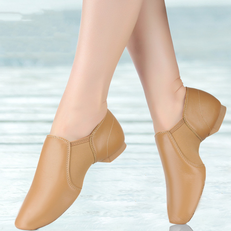 Zapatos de baile de Jazz de cuero genuino/tela, color tostado, negro, doble Gore, sin cordones, zapatillas de baile de gran tamaño para niñas y mujeres