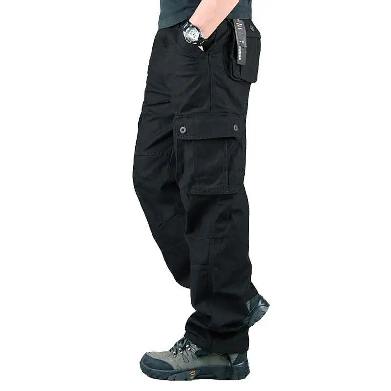 Estilo quente, elegante, calças de trabalho masculinas com vários bolsos, calças soltas, calças retas casuais de seguro de trabalho plus size