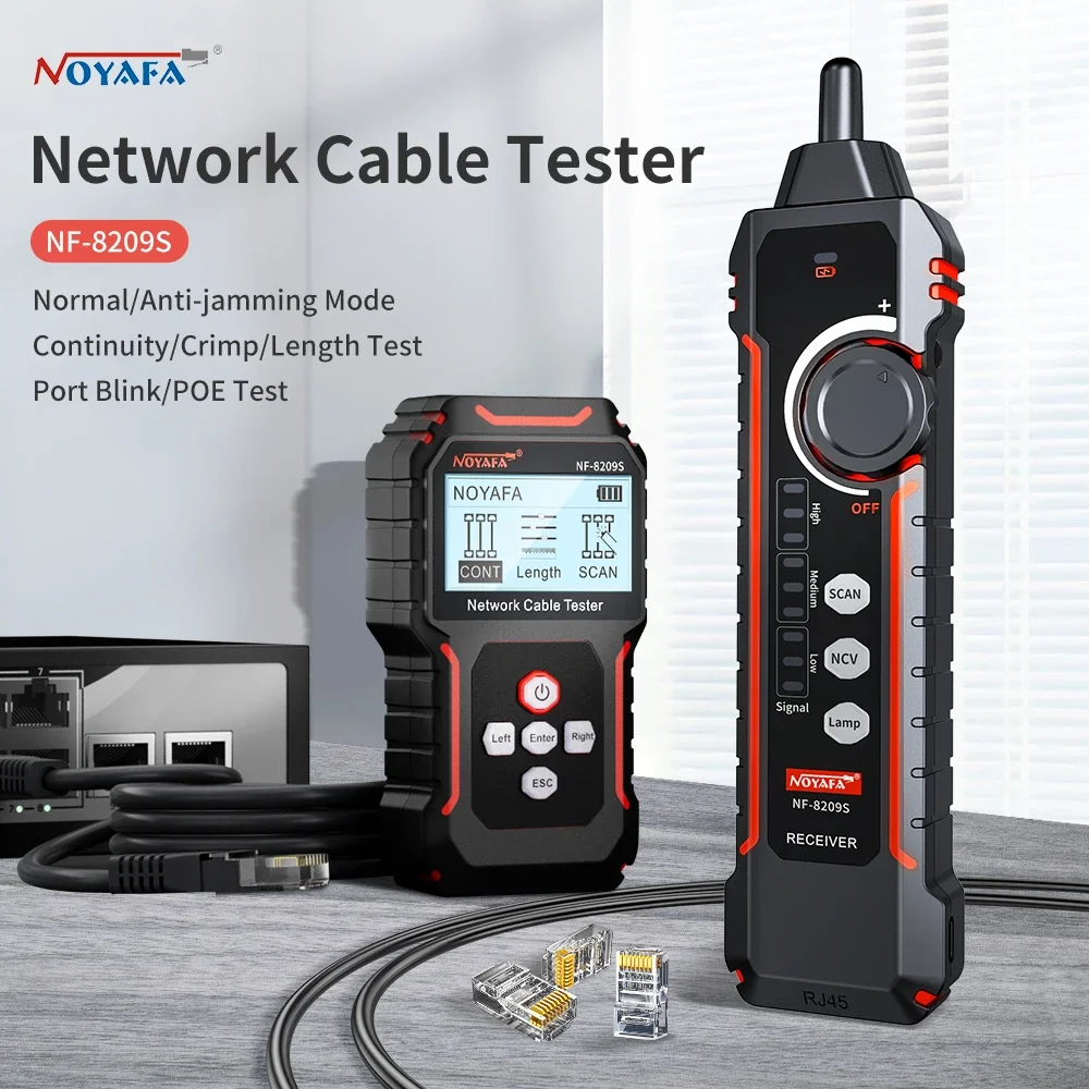 NOYAFA NF-8209S probador de Cable de red rastreador de Cable Cat5 Cat6 PoE probador detectar longitud prueba de continuidad con NCV y lámpara
