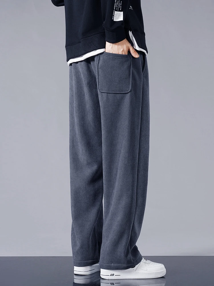 Inverno grosso quente veludo sweatpants homens forro de lã cordão em linha reta solto calças pista masculino casual velo calças térmicas