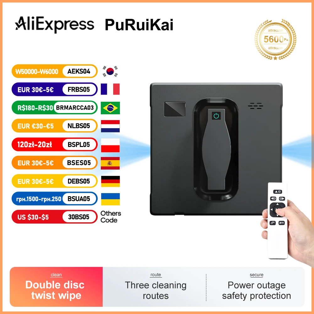 Robot limpiador de ventanas PuRuiKai, pulverizador de agua doble, memoria inteligente, alta succión al vacío, Sensor láser, Robot de limpieza de vidrio de pared para el hogar