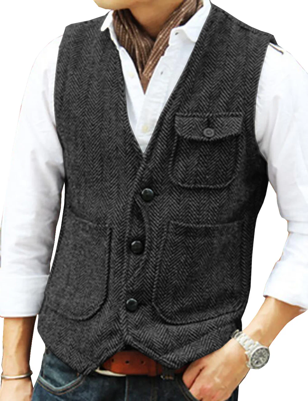 Herringbone ชายเสื้อสูทธุรกิจเสื้อกั๊ก Herringbone Tweed V คออย่างเป็นทางการเสื้อกั๊กสําหรับงานแต่งงานหรือ Tuxedo ชายเสื้อกั๊ก