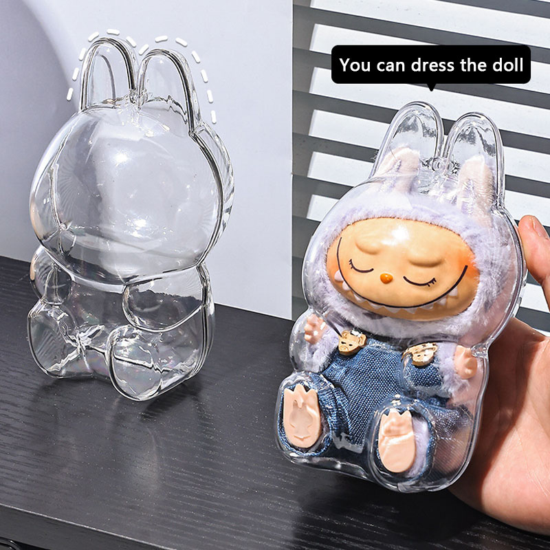 17CM Labubu Protector Case V1 V2 Protector Cover Volledige Clear Staande Zitten Wandelen Pluche Poppen Display Tas Pop accessoire