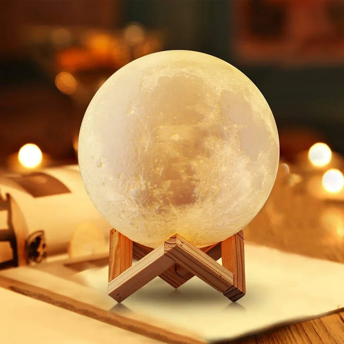 Luce notturna a LED Lampada lunare da 8 cm alimentata a batteria con supporto Lampada stellata Decorazioni per la camera da letto Luci notturne Regalo per bambini Cella a bottone