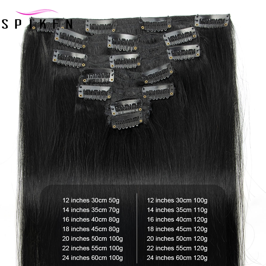 スパイクFN 1 #   ジェットブラッククリップ 100% 人毛ナチュラルエクステンション 12-24 インチマシンレミークリップヘアフルヘッド 7 ピース/セット 50G-120G