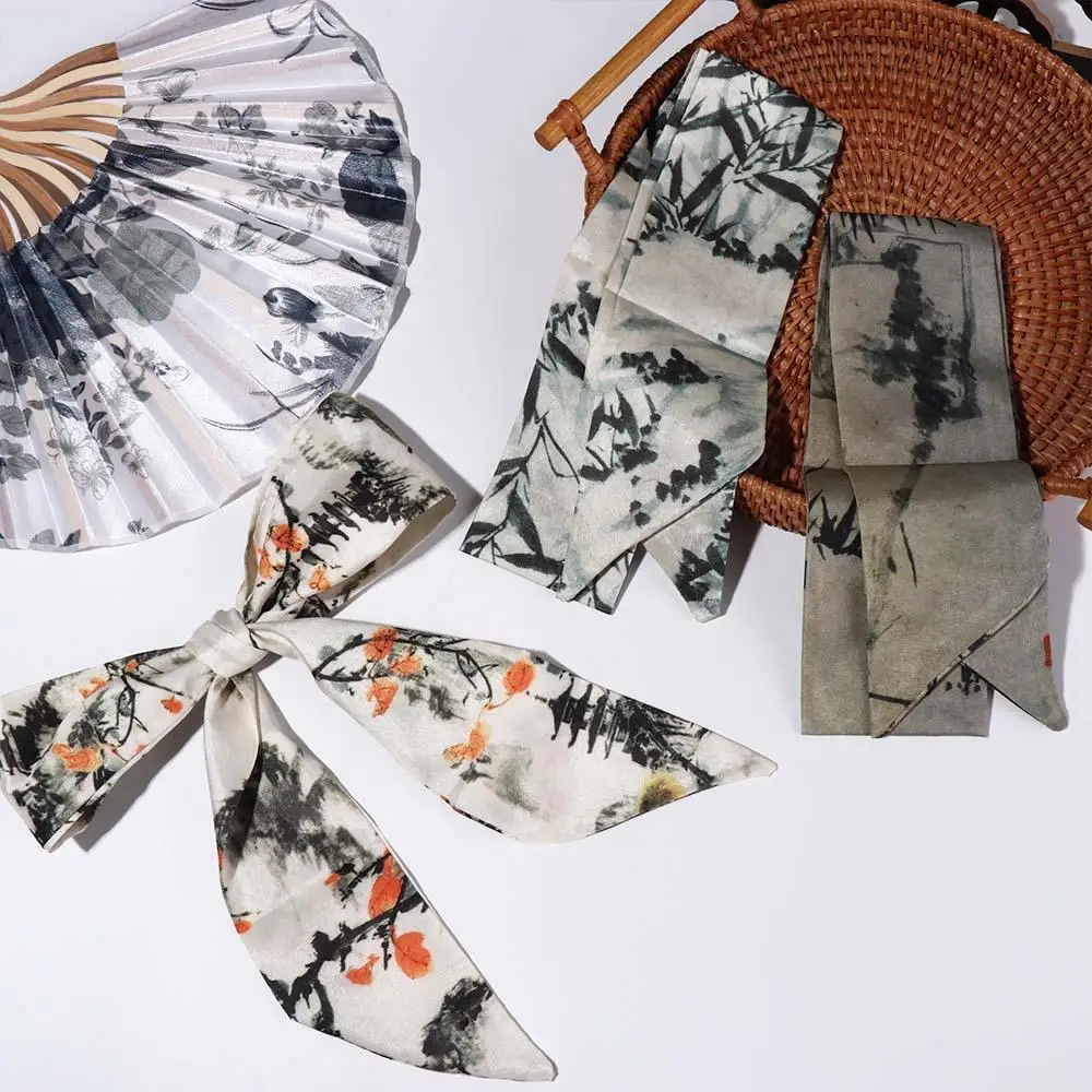 Long Ink Painting Silk Scarf Minimalist Style Ancient Style Ancient Hair Band Chinese Style Printed Scarf Long Silk Scarf Lady