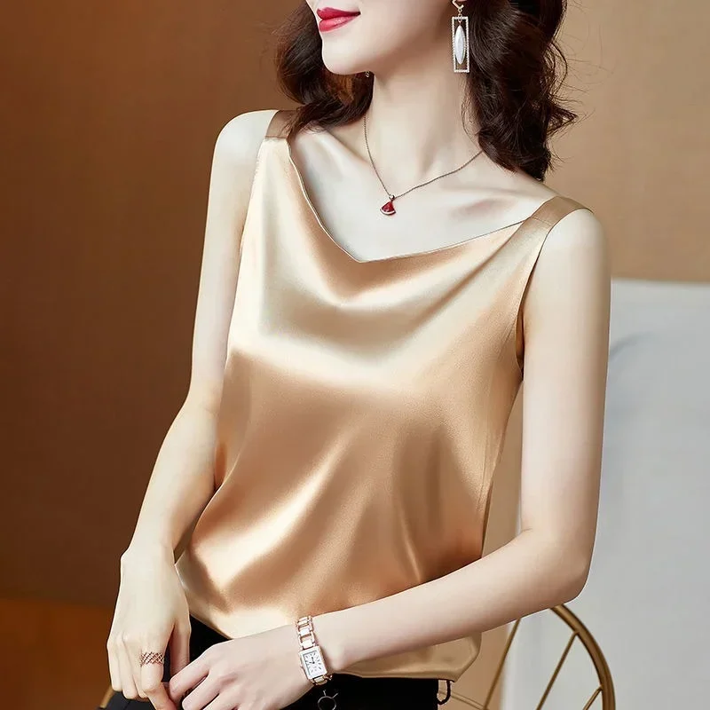 ผู้หญิงเสื้อยืด Elegant ผ้าไหมซาตินเสื้อแขนกุดหญิงฤดูร้อนสบายๆหลวมถังและ Camis สีเขียวเสื้อสําหรับสตรี