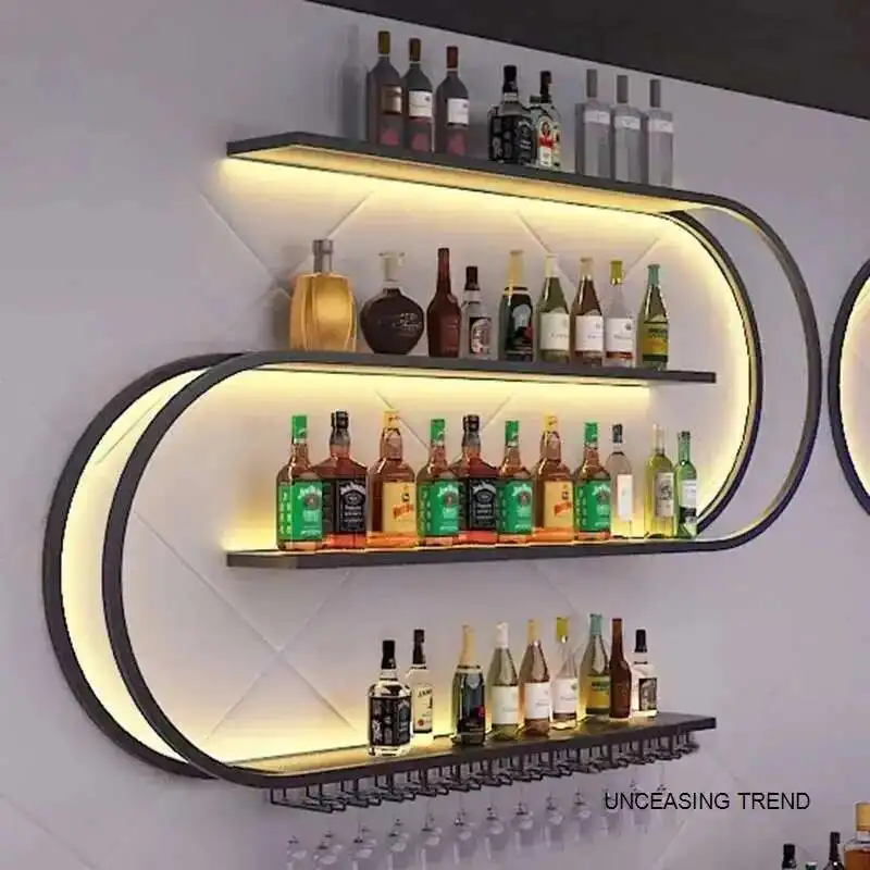 Nordic Wrought Iron Wine Cabinets for Bar Furniture Wall Mounted Wine Rack Creative Geometric Art Restaurant Showcase with Light