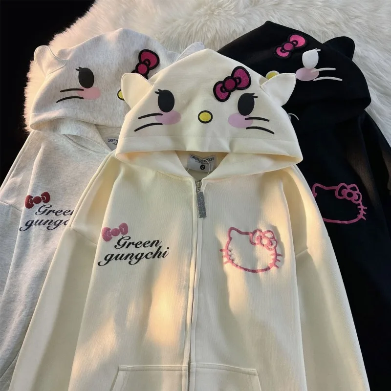 Sanrio เสื้อโค้ทคาร์ดิแกนลาย Hello Kitty, เสื้อโค้ทคาร์ดิแกนมีฮู้ดทรงหลวมนักเรียนโอเวอร์ไซส์แบบกอธิคมีซิปมีฮู้ดสำหรับผู้หญิงเสื้อสเวตเตอร์ Y2k
