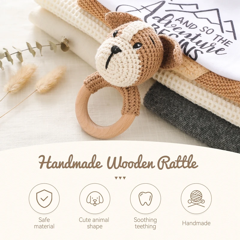 เพลงเด็ก Rattle ยางกัดของเล่นทารกแรกเกิดโครเชต์สิงโตสุนัขแหวนไม้สร้อยข้อมือ Rattle Soother ยางกัดของเล่นทําด้วยมือของเล่นเด็ก