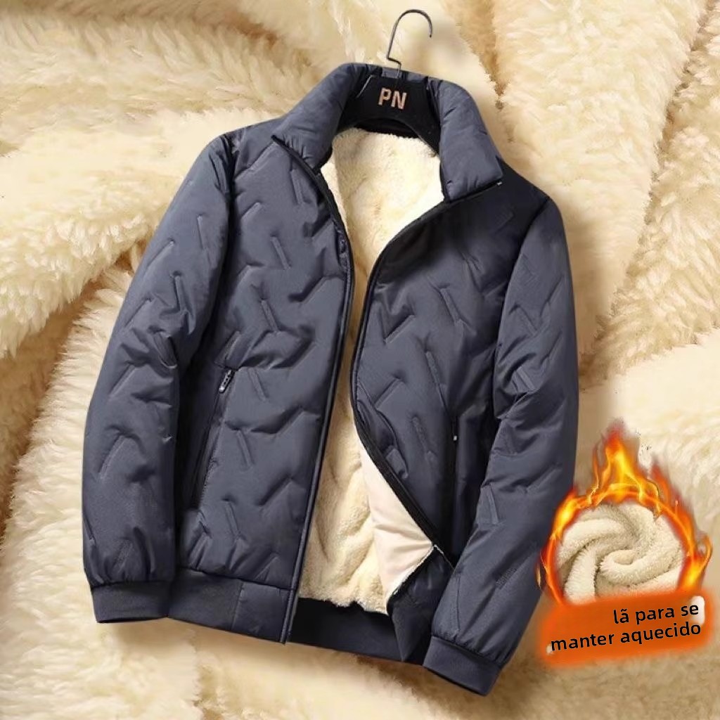 Jaqueta Masculina de Aodão com Forro de Veludo de Cordeiro, Ajuste Solto, Gola Alta, Moda Jovem, Inverno Quente, Resistente...