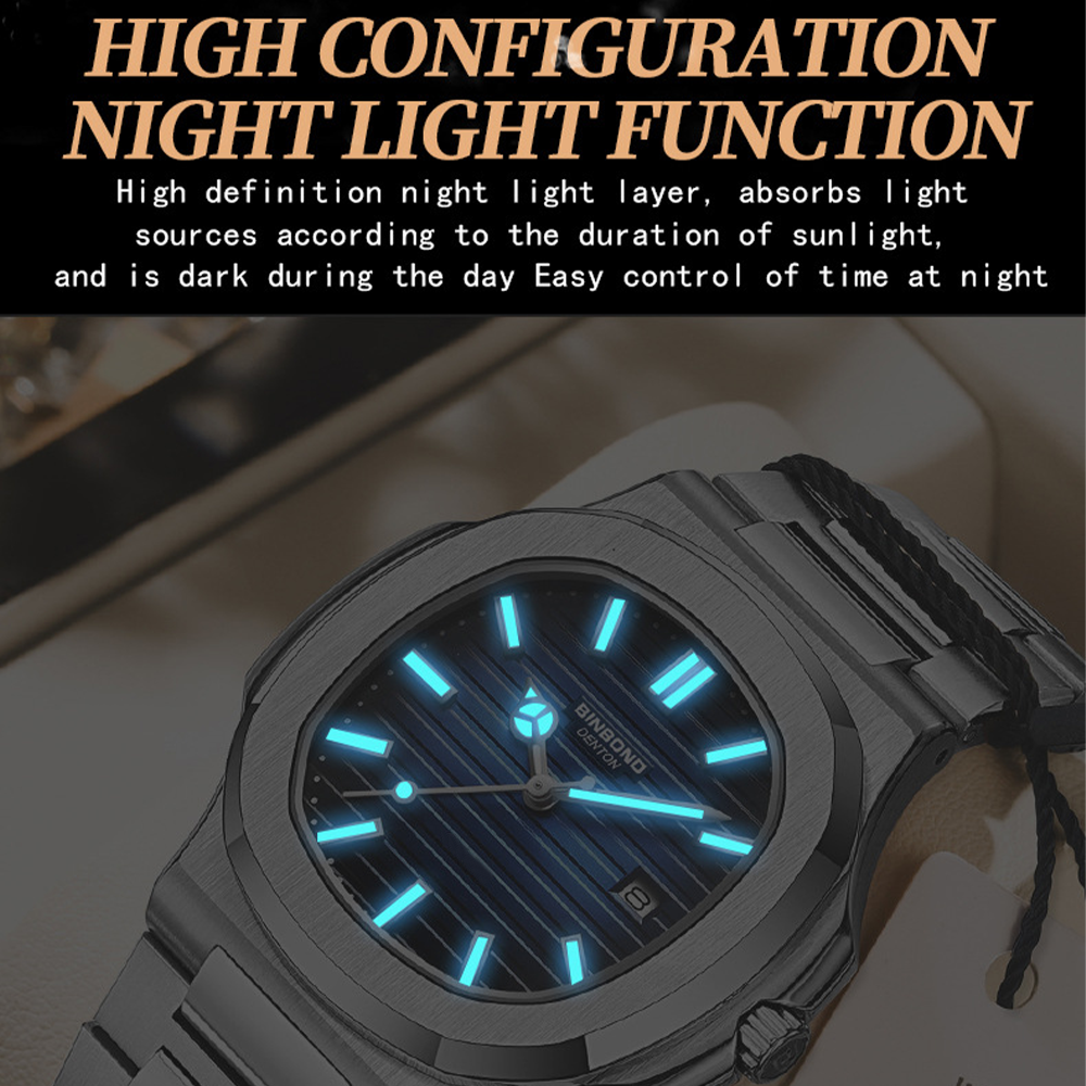 Binbbon-メンズステンレススチール防水時計,ラウンドクォーツ,日付表示,ラグジュアリー,新品