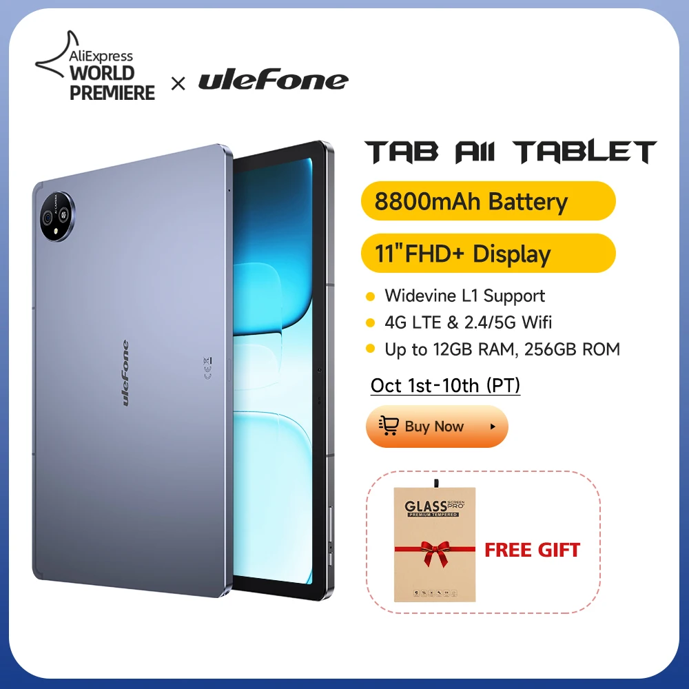 【World Premiere】Ulefone Tab A11 Tablet, 11‘’ ,Up to 12GB RAM (6+6) 128GB/256GB ROM, Unisoc T620, Android 14, 8800mAh 4G Tablet