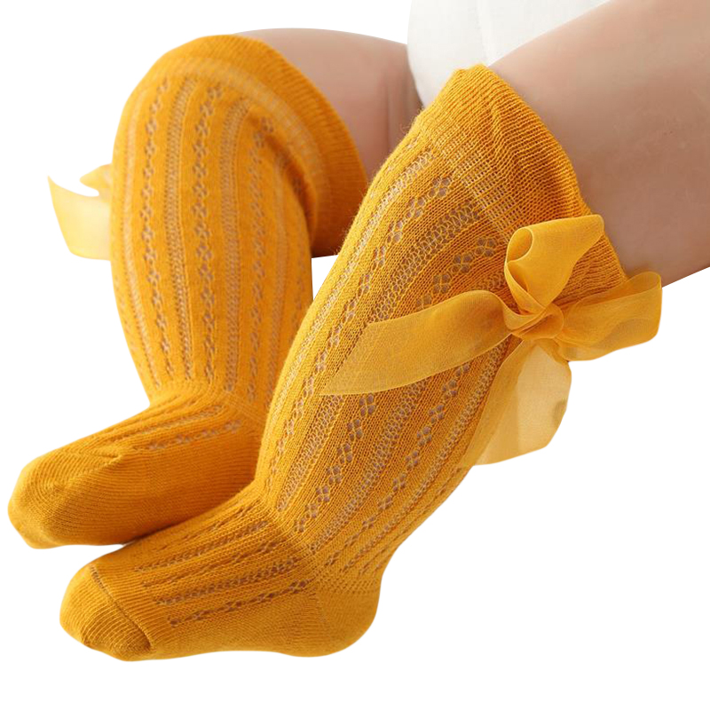 Детские гольфы, длинные носки для малышей, гольфы с рюшами и бантом для девочек, сетчатые чулки-трубы с бантом, модельные носки для младенцев