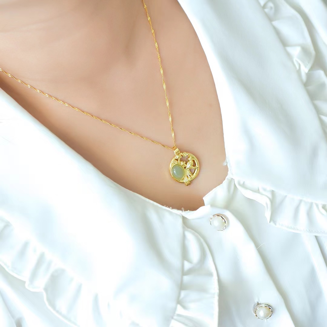 จี้ทองแดงฝังหยกธรรมชาติ Hetian สร้อยคอแฟชั่นผู้หญิง Magpie จี้ของขวัญเครื่องประดับอัญมณีผู้หญิงทันสมัย