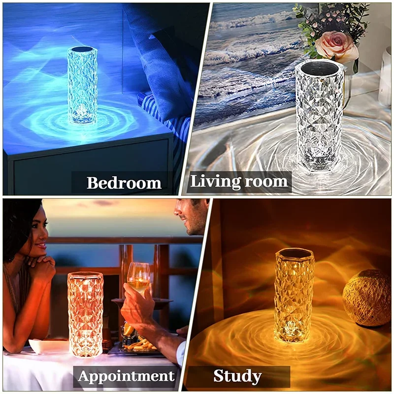 Lámpara de mesa de cristal LED de 3/16 colores, lámpara de noche romántica de rosa táctil recargable, lámpara de noche para dormitorio, decoración para sala de estar y Bar