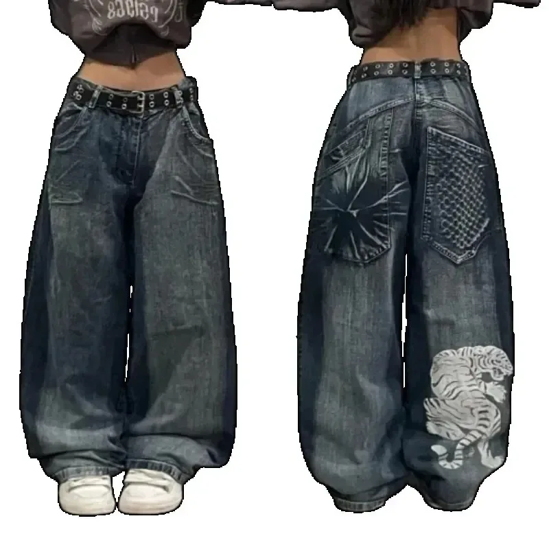 Pantalones vaqueros holgados con estampado de Hip Hop Retro para mujer, pantalones negros góticos de cintura alta, ropa de calle, Harajuku, nuevo, Y2K