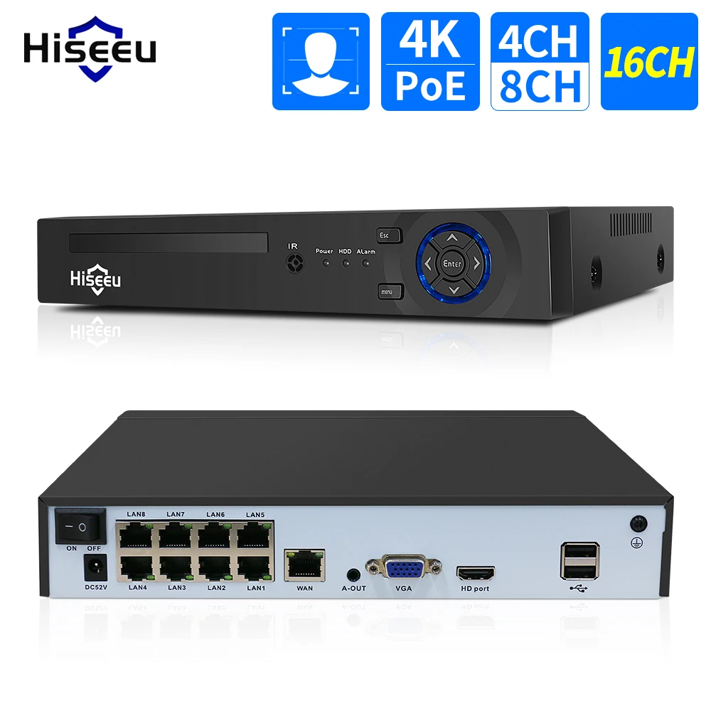 Hiseeu 8CH 4K POE NVR видеорегистратор для HD 3MP 4MP 5MP 8MP IP-камера наблюдения H.265 Обнаружение лица 48V ONVIF XMEye Система видеонаблюдения