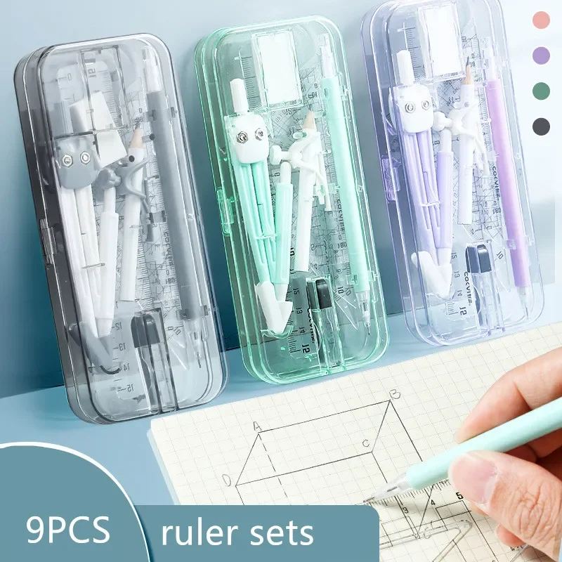 9 Pcs Combination Ruler Sets Triangle Protractor Student Rulers Stationery Learning Math Drawing Drafting Tool School Supplies