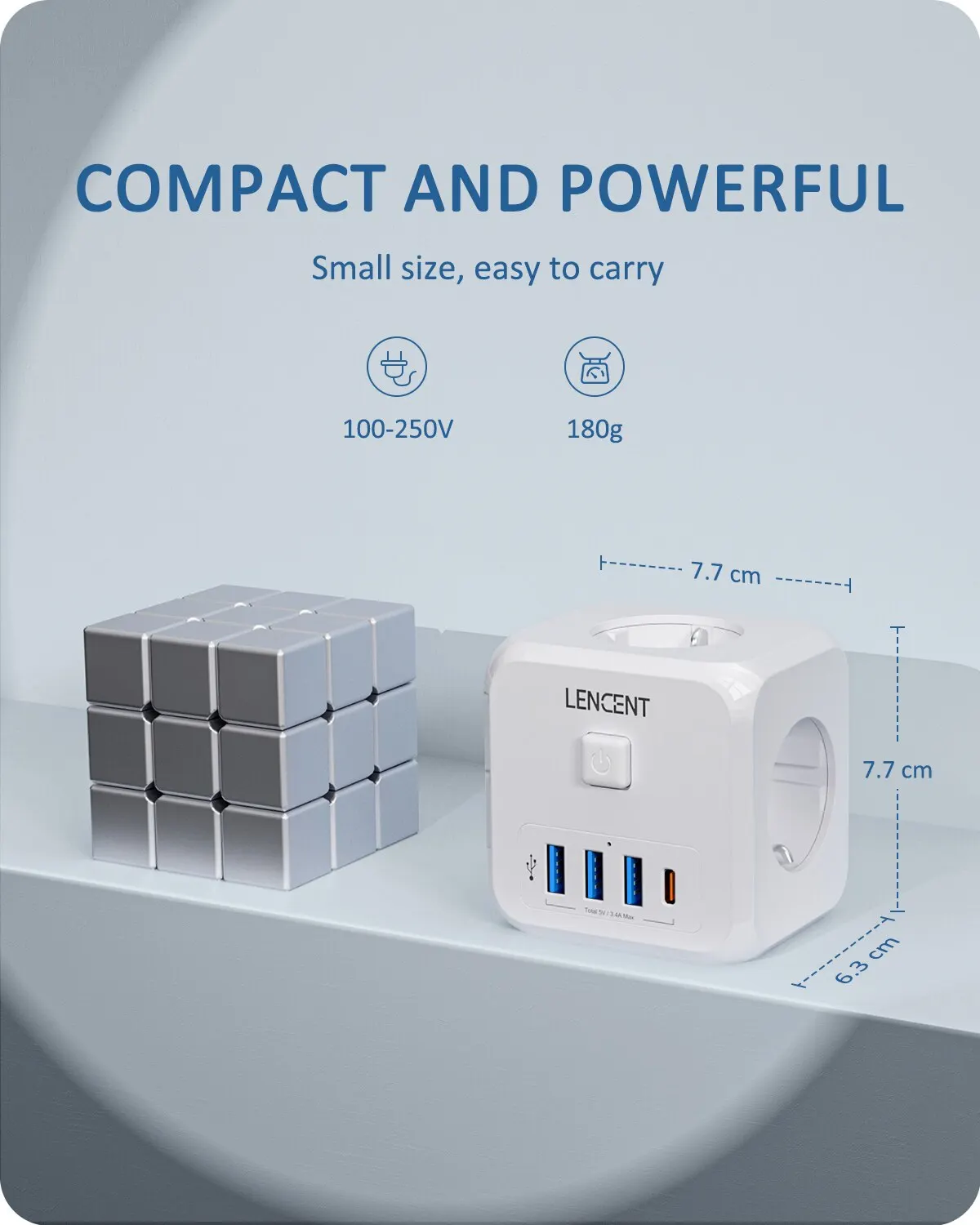 LENCENT Wandsteckdosen-Extender mit 3 AC-Steckdosen, 3 USB-Anschlüssen und 1 Typ C 7-in-1 EU-Stecker-Ladegerät Ein/Aus-Schalter für Zuhause