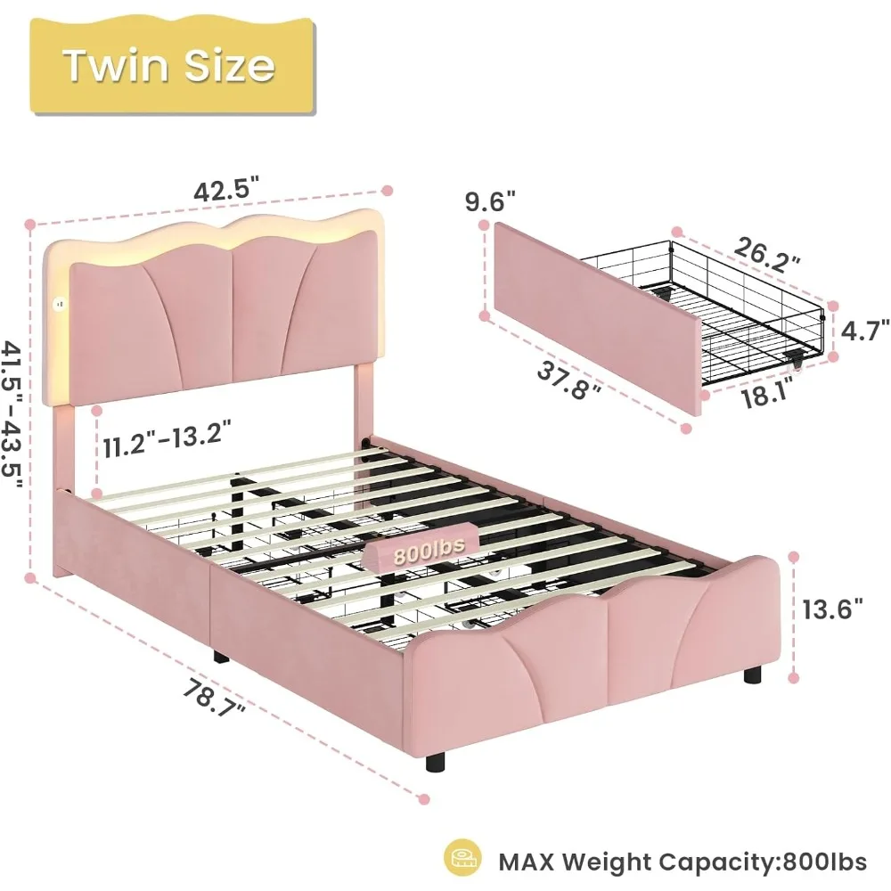 Twin Bed Frame with 4 Storage Drawers & Charging Station,Upholstered Led Flower Twin Bed with Adjustable Headboard , Pink