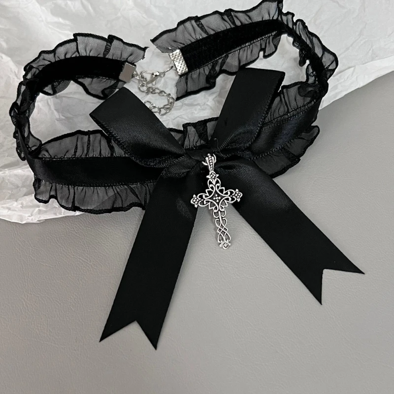 ลูกไม้Ruffleสร้อยคอChokerน่ารักBowknot Crossesจี้คอคอฮาโลวีนGothicเครื่องแต่งกายของขวัญเครื่องประดับสำหรับผู้หญิง