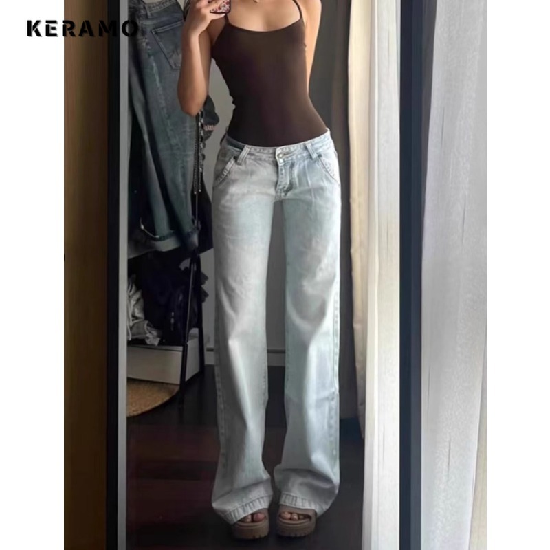 Light Blueต่ําเอวกางเกงยีนส์ผู้หญิงStreetwearอเมริกันVINTAGE DENIMกางเกงหญิงสบายๆล้างตรงPantalons Mujerฤดูใบไม้ร่วง 2024