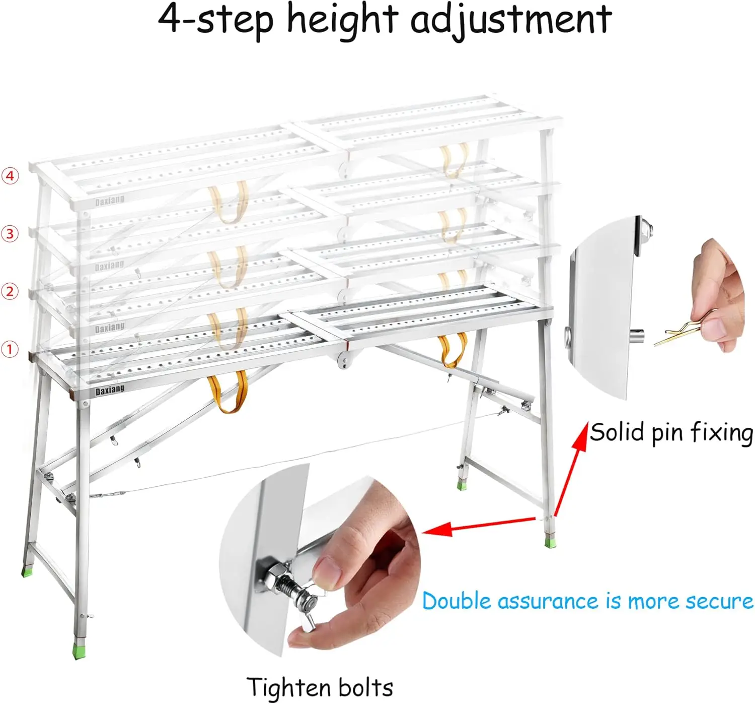 Portable Scaffolding Platform 55(L) x15(W) x27-43(H)'' Work Platform Adjustable Height Steel 600 LBS Load Capacity Folding Step