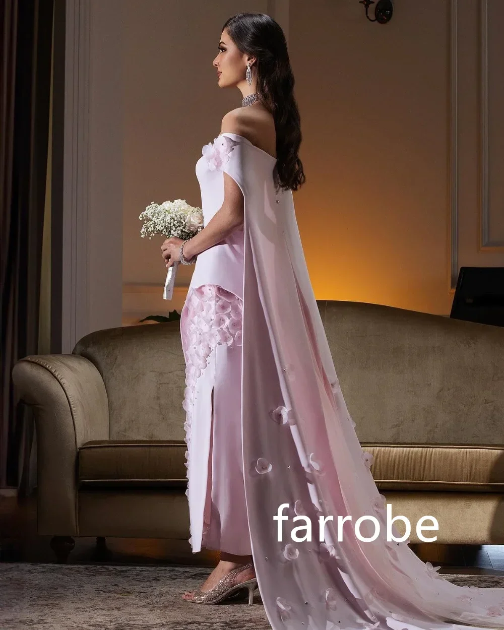 ที่กําหนดเองประณีต Jersey จีบดอกไม้ A-Line Off-the-shoulder Midi Dresses Homecoming สไตล์โมเดิร์น Pastrol Unisex สําหรับ