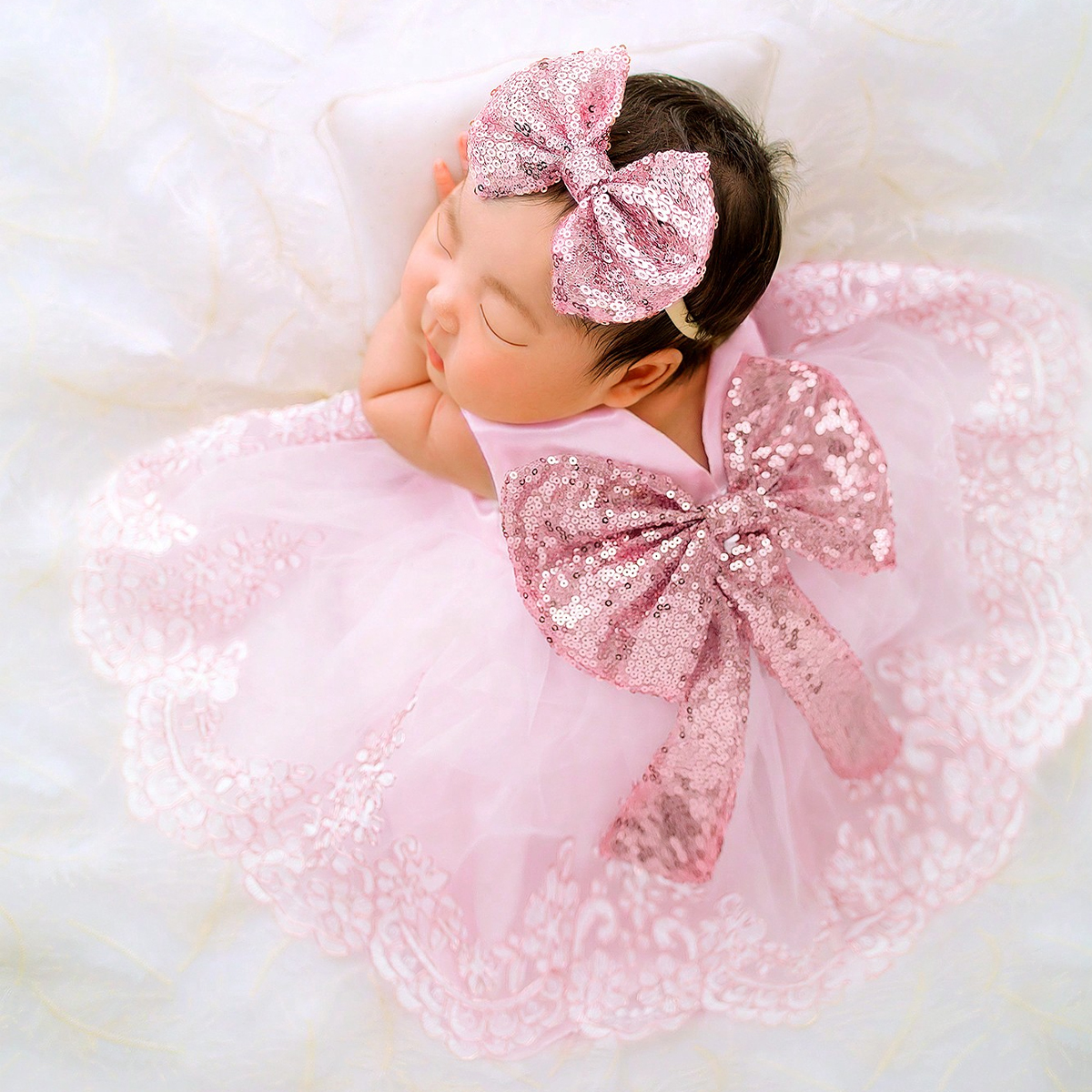 Ylsteed roupas para fotografia de recém-nascidos, vestido de renda com laço grande e faixa de cabeça com glitter, 100 dias, sessão de fotos de bebês meninas